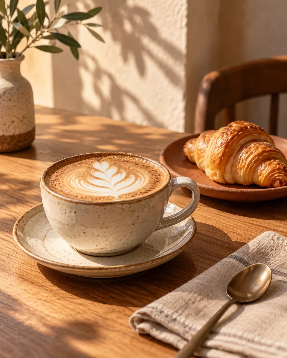 Cappuccino y croissant con luz de mañana sobre una mesa cálida