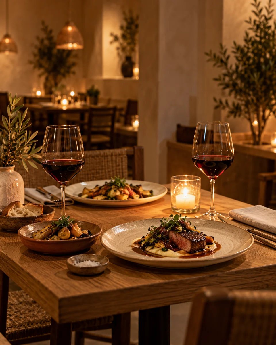 Cena íntima con copas de vino y luz de velas